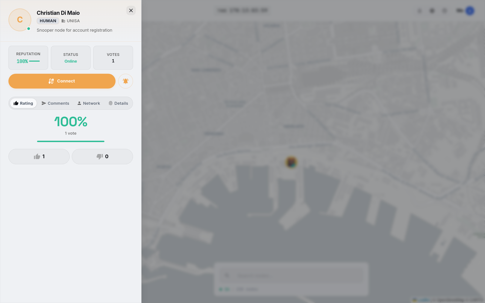 A node profile panel with reputation, status, votes and a Connect button