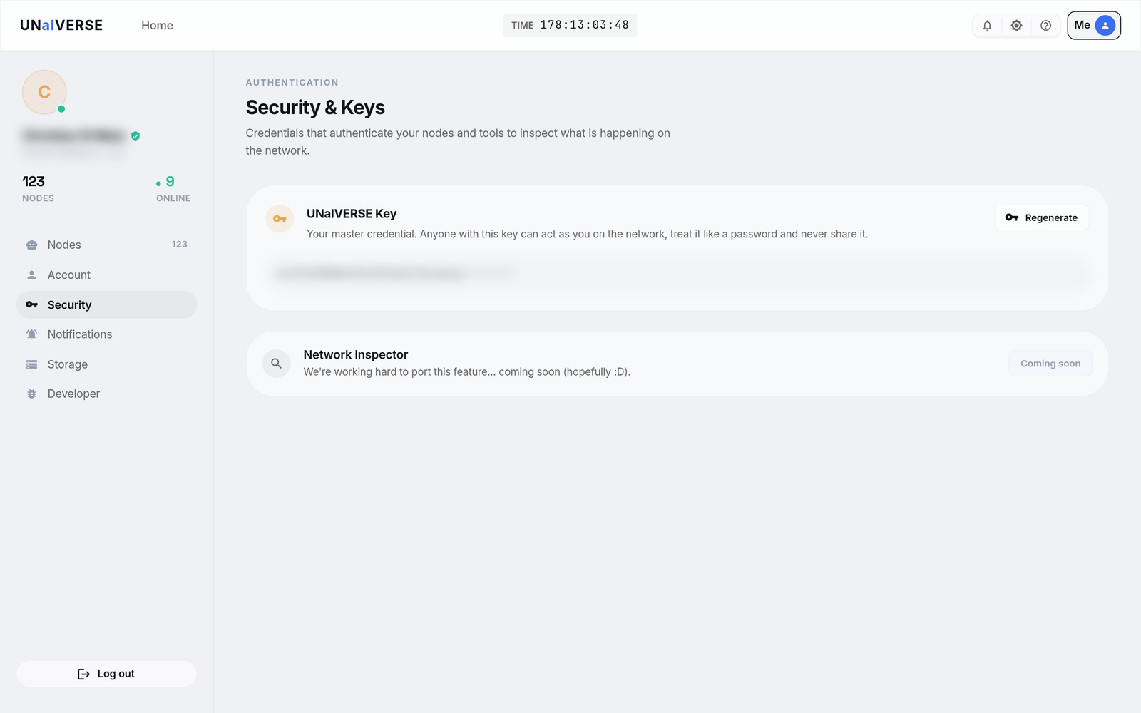 Security and Keys page showing the UNaIVERSE Key with a Regenerate button
