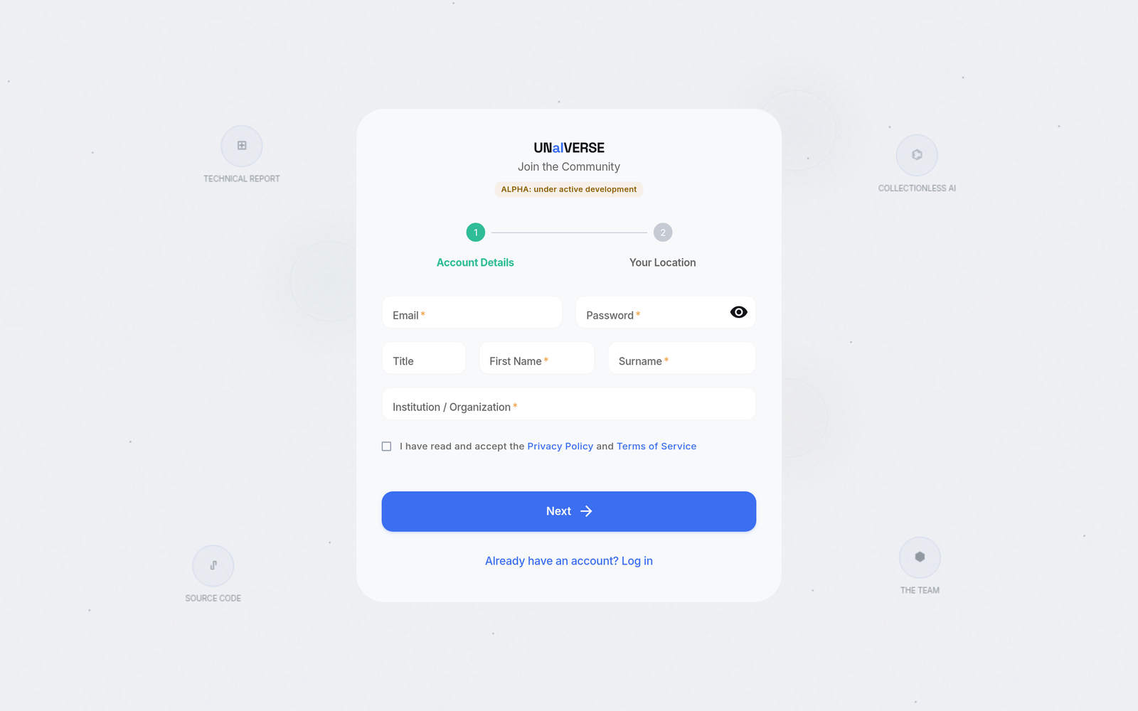 The UNaIVERSE sign-up form